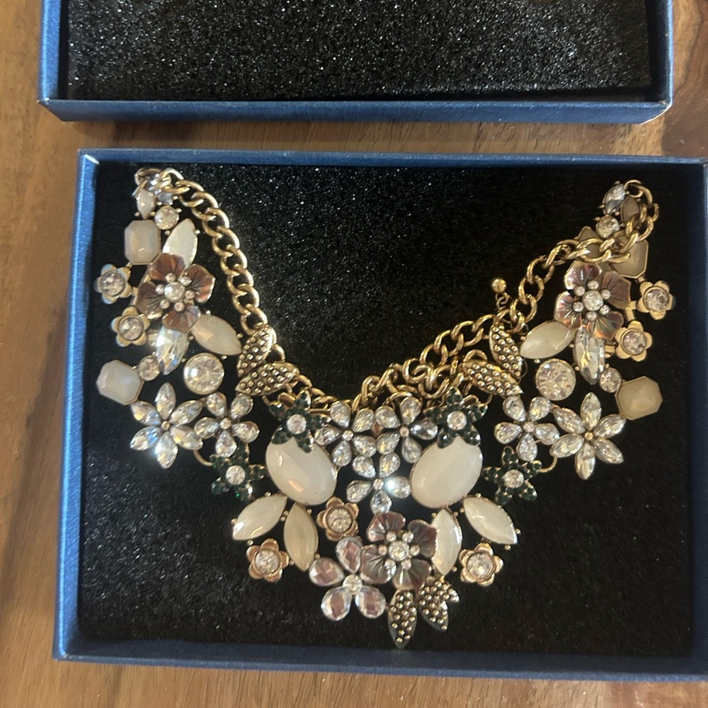 Gold-Tone Floral Statement Necklace with White and Clear Stones
